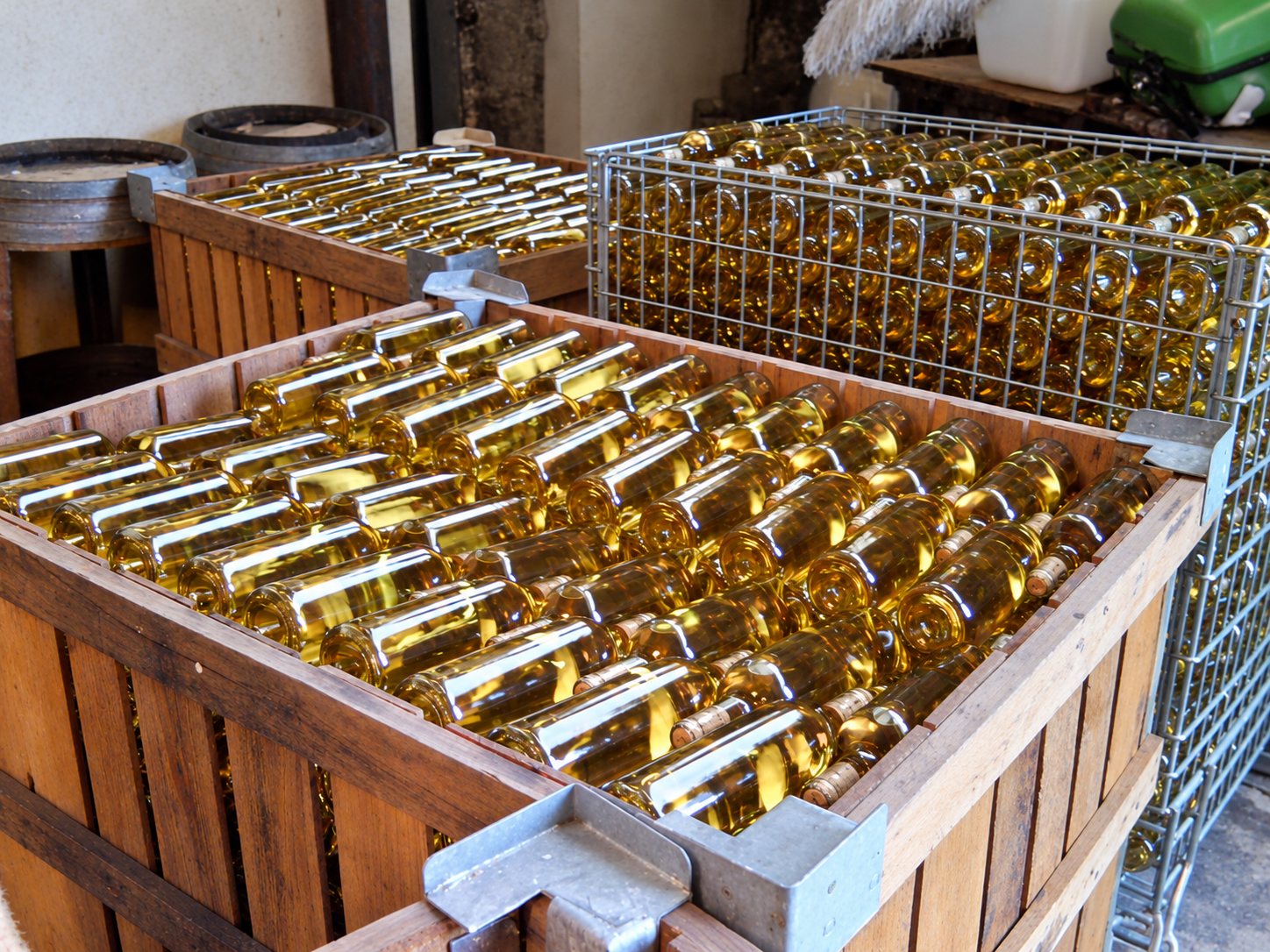 Des rangées de bouteilles de vin blanc sont stockées couchées dans de grandes caisses en bois et une cage métallique, dans une cave.